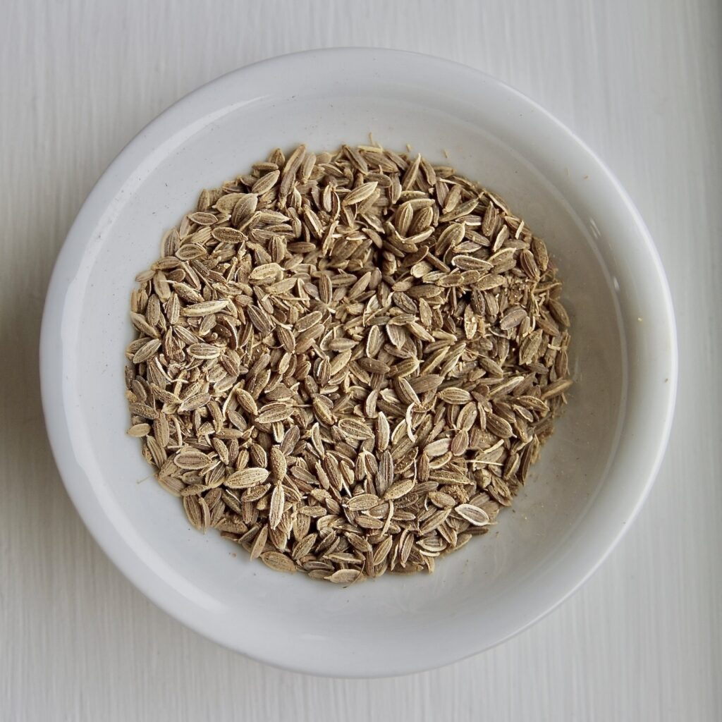 Dill seed in white bowl