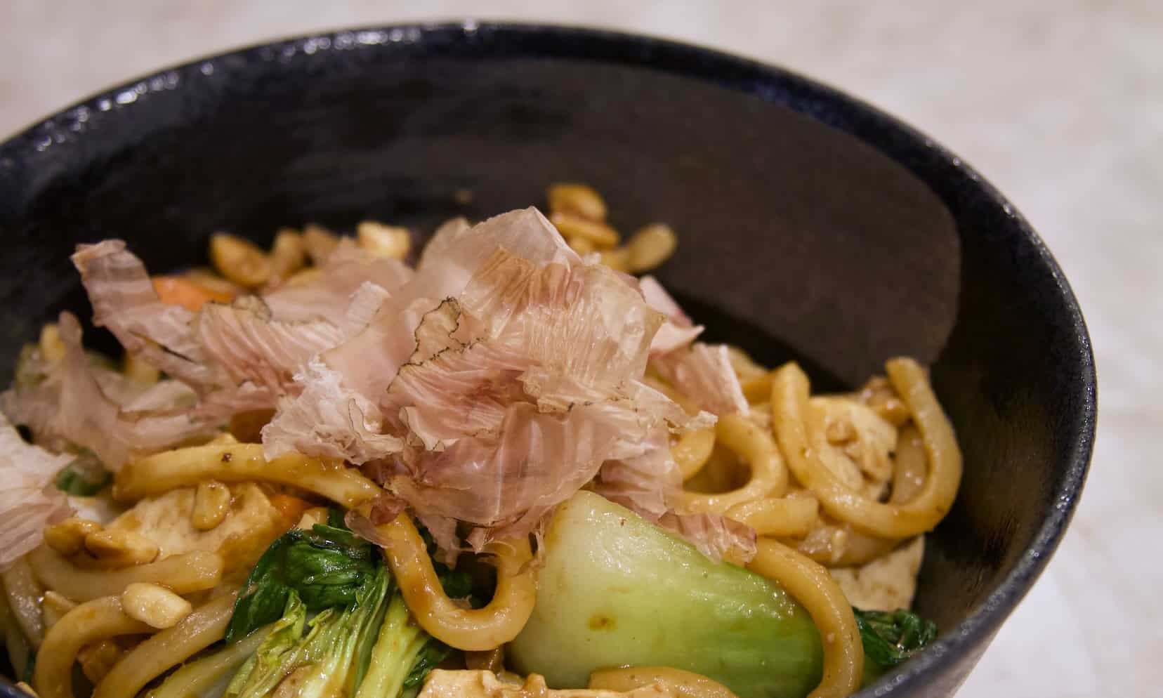 Noodle dish with bonito flakes