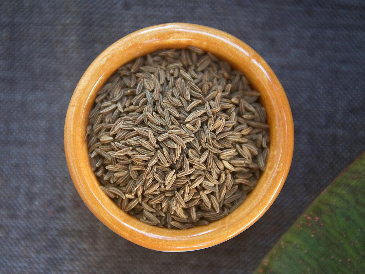 Caraway seeds in orange bowl