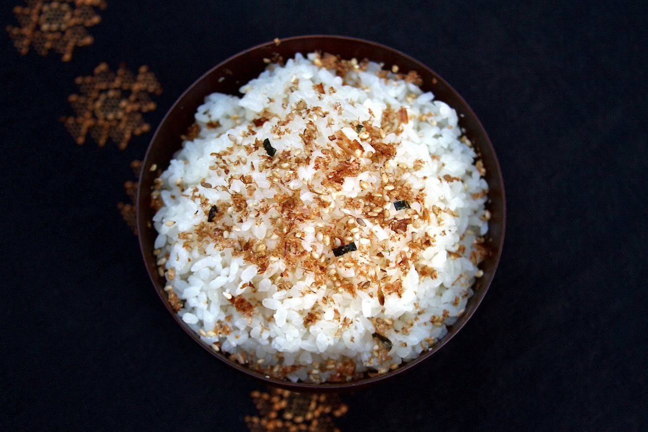 Classic furikake on white rice with matching fabric