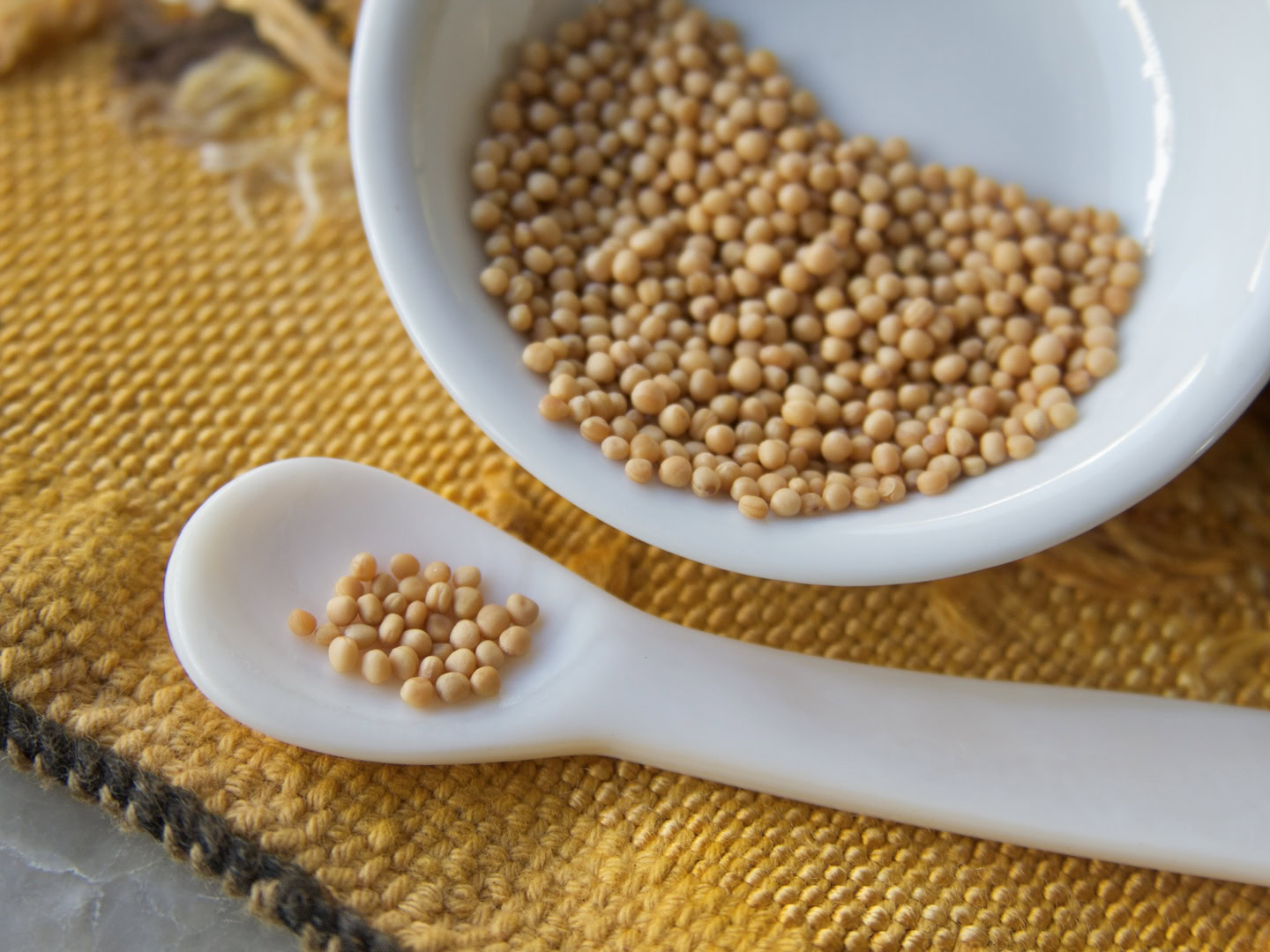 Yellow mustard seeds in white bowl and spoon