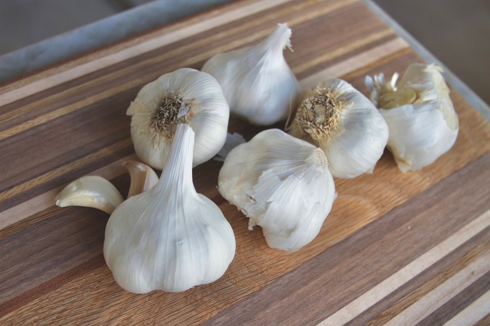 A bunch of garlic bulbs on a striped cutting board