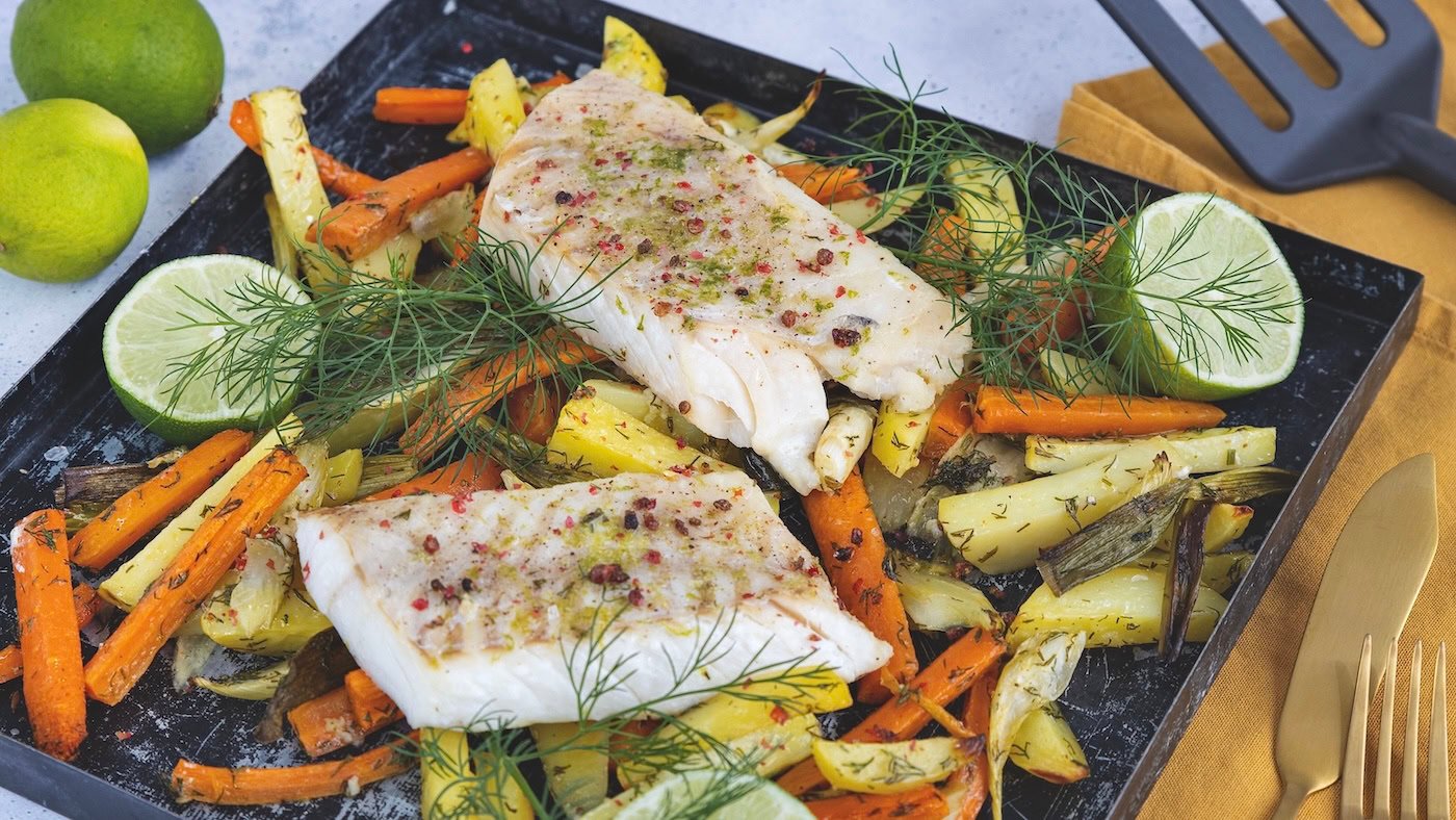 Dill pollen dish—white fish with roasted vegetables