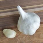 Garlic bulb with a single unwrapped clove