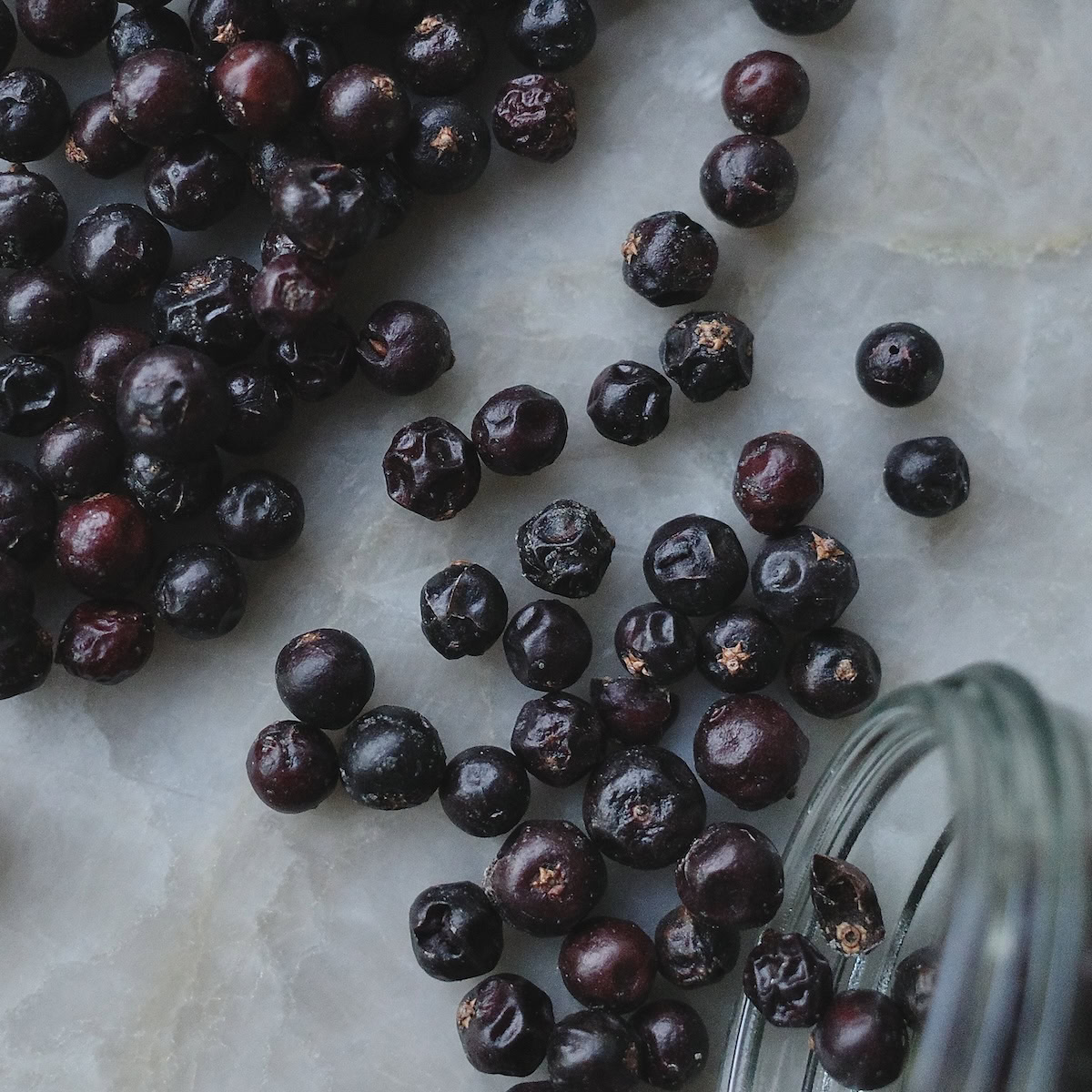 Juniper berries on quartz countertop