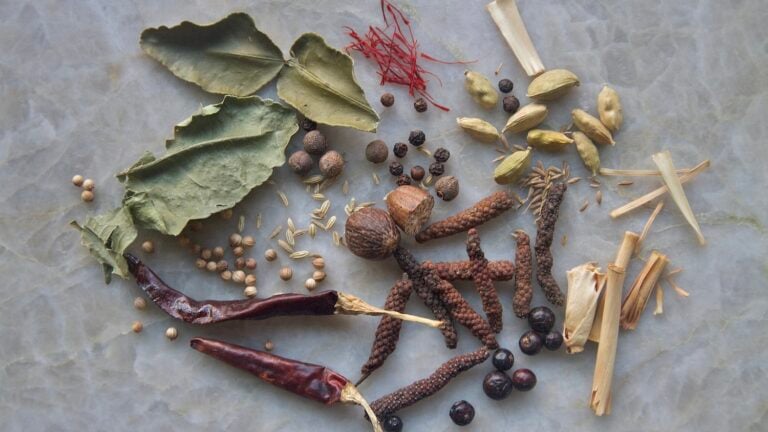 Spice assortment on quartz: chiles, cardamom, fennel seed, corianders, long pepper, juniper berries, peppercorns, saffron
