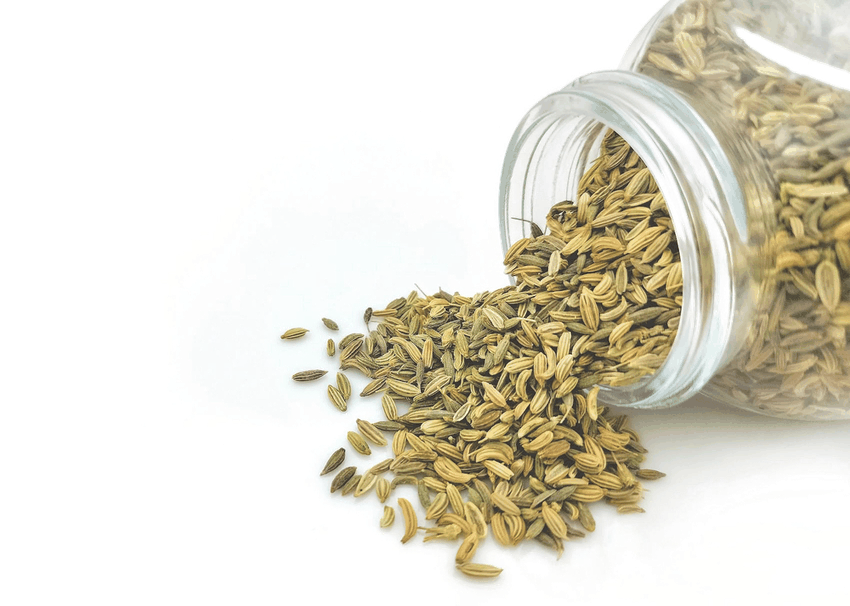 Fennel seeds (Foeniculum vulgare) spilling from a tipped glass jar, the small ridged green-tan seeds with their distinctive elongated curve scattered across a white surface