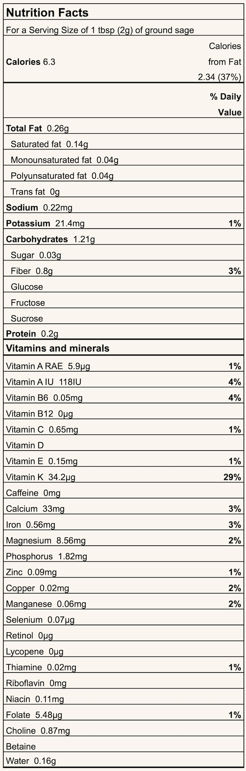 Nutrition Facts label for a 1 tbsp (2 g) serving of ground sage: calories 6.3; total fat 0.26 g; carbs 1.21 g; protein 0.2 g; sodium 0.22 mg; potassium 21.4 mg; with small amounts of fiber, sugars, and listed vitamins/minerals.