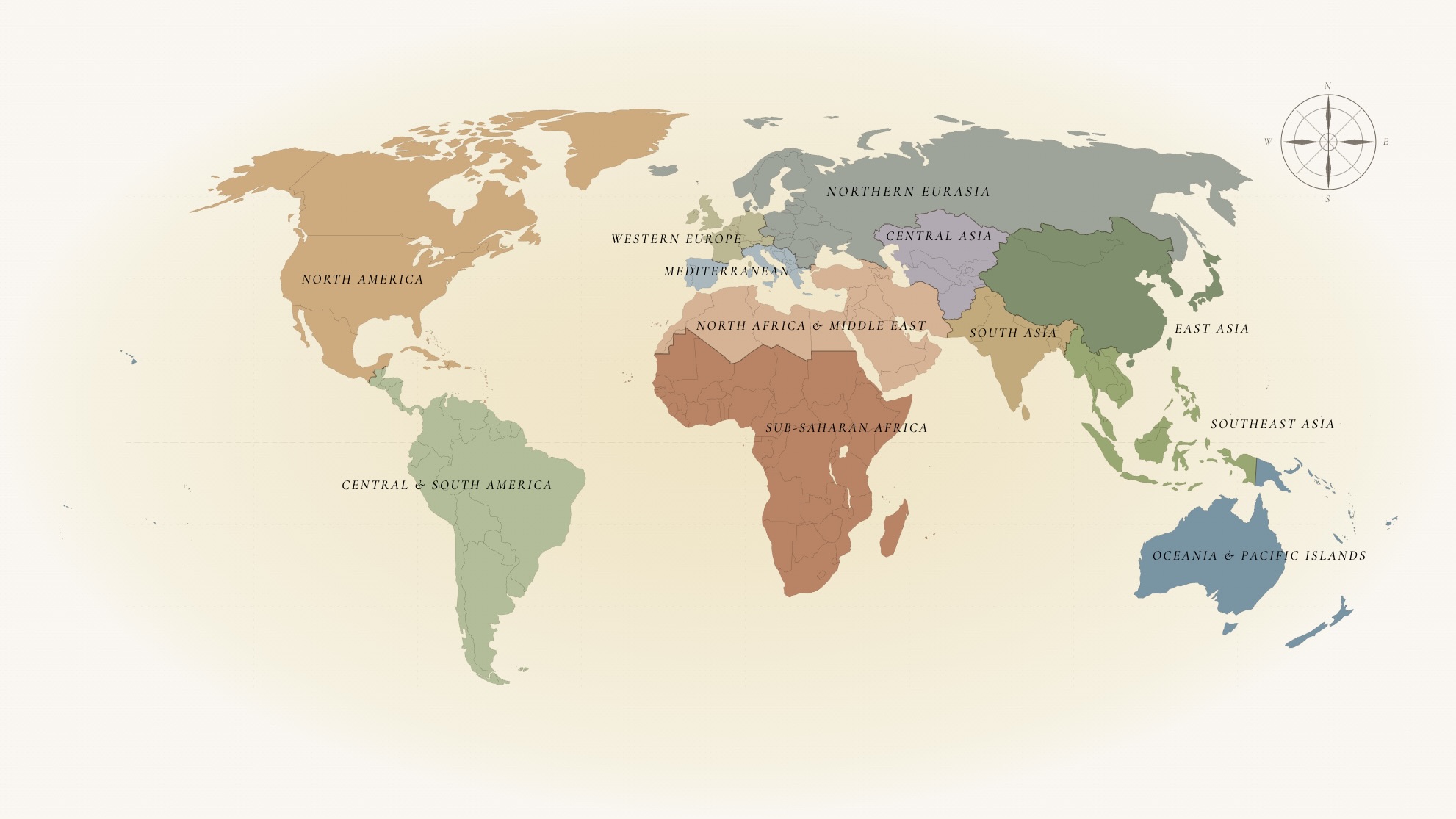 An editorial-style world map showing twelve color-coded regional spice traditions across the continents: North America, Central & South America, Western Europe, Mediterranean, North Africa & Middle East, Sub-Saharan Africa, Northern Eurasia, Central Asia, South Asia, East Asia, Southeast Asia, and Oceania & Pacific Islands, set on a parchment background with a vintage compass rose in the top right corner