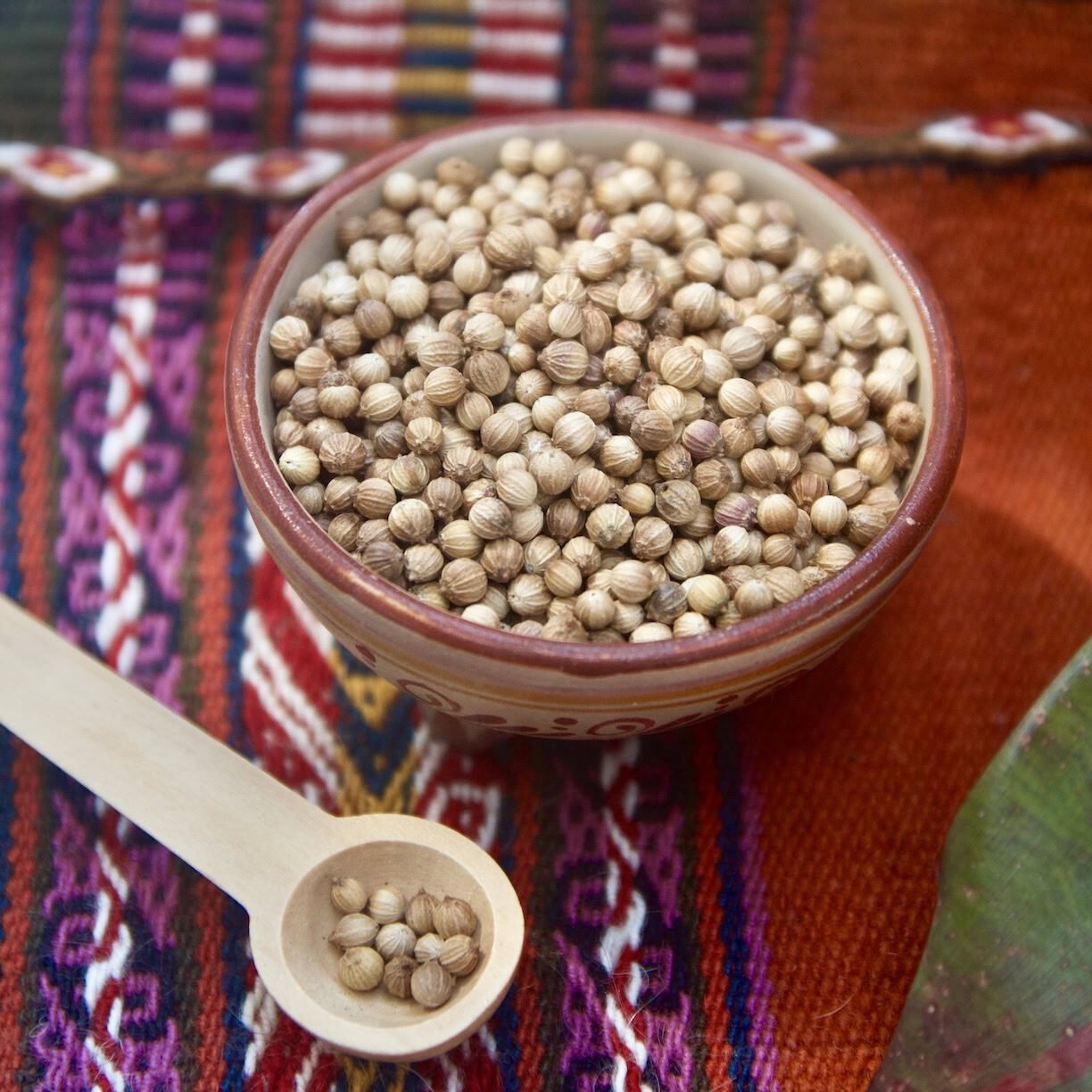 Coriander seed in bowl on fabric