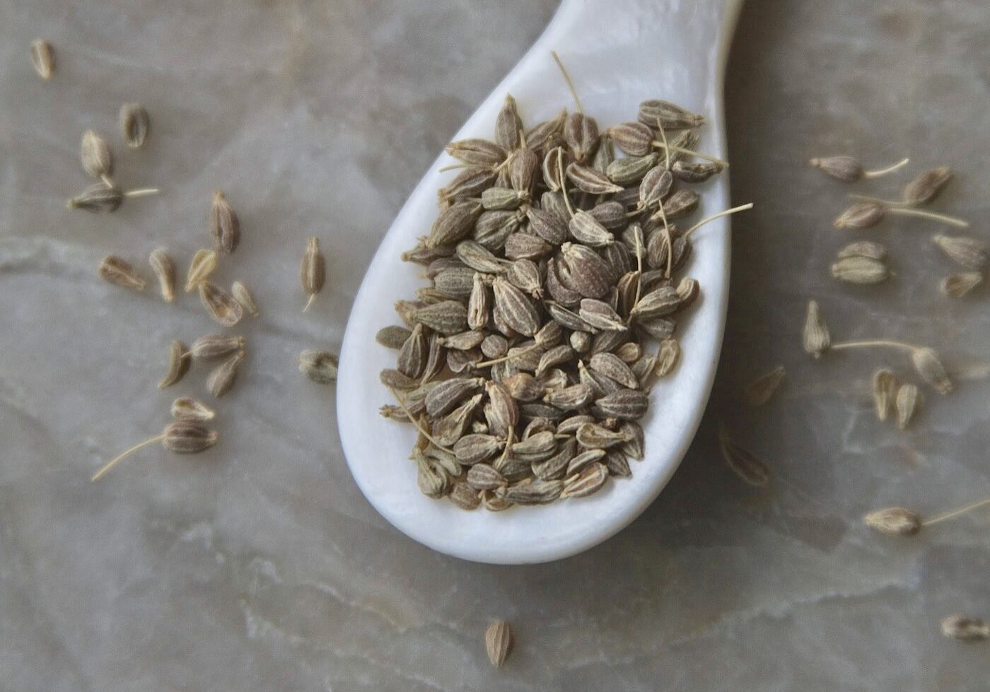 Whole anise in white spoon on a quartz table